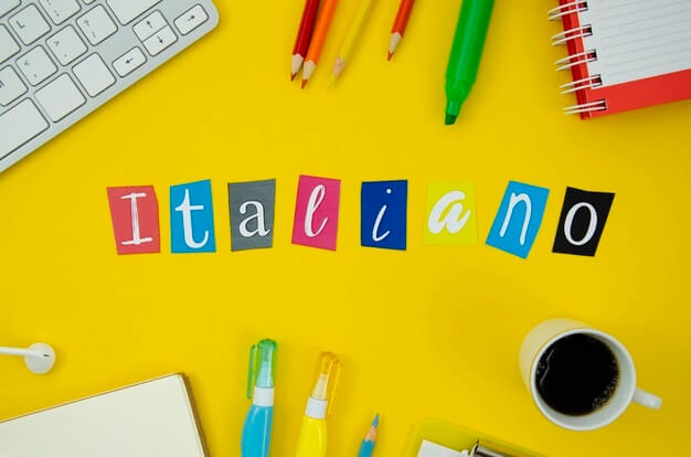 Italian written in colored lettering on yellow background