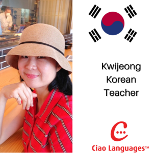 Image of Korean teach with writing "Kweiyeong, Korean Teacher"