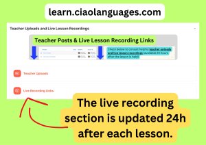 Diagram showing where to find the live lesson recording links on learn.ciaolanguages.com 