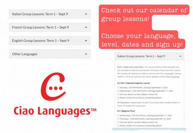 Picture of mouse choosing from catalog of group courses. heck out our calendar of group lessons! "Choose your language, level, dates and sign up!"