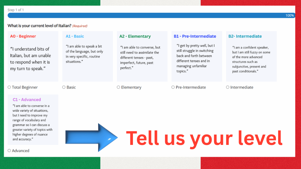 Graphic displaying the firve different levels to choose from: basic, elementary, pre-intermediate, intermediate, advanced.